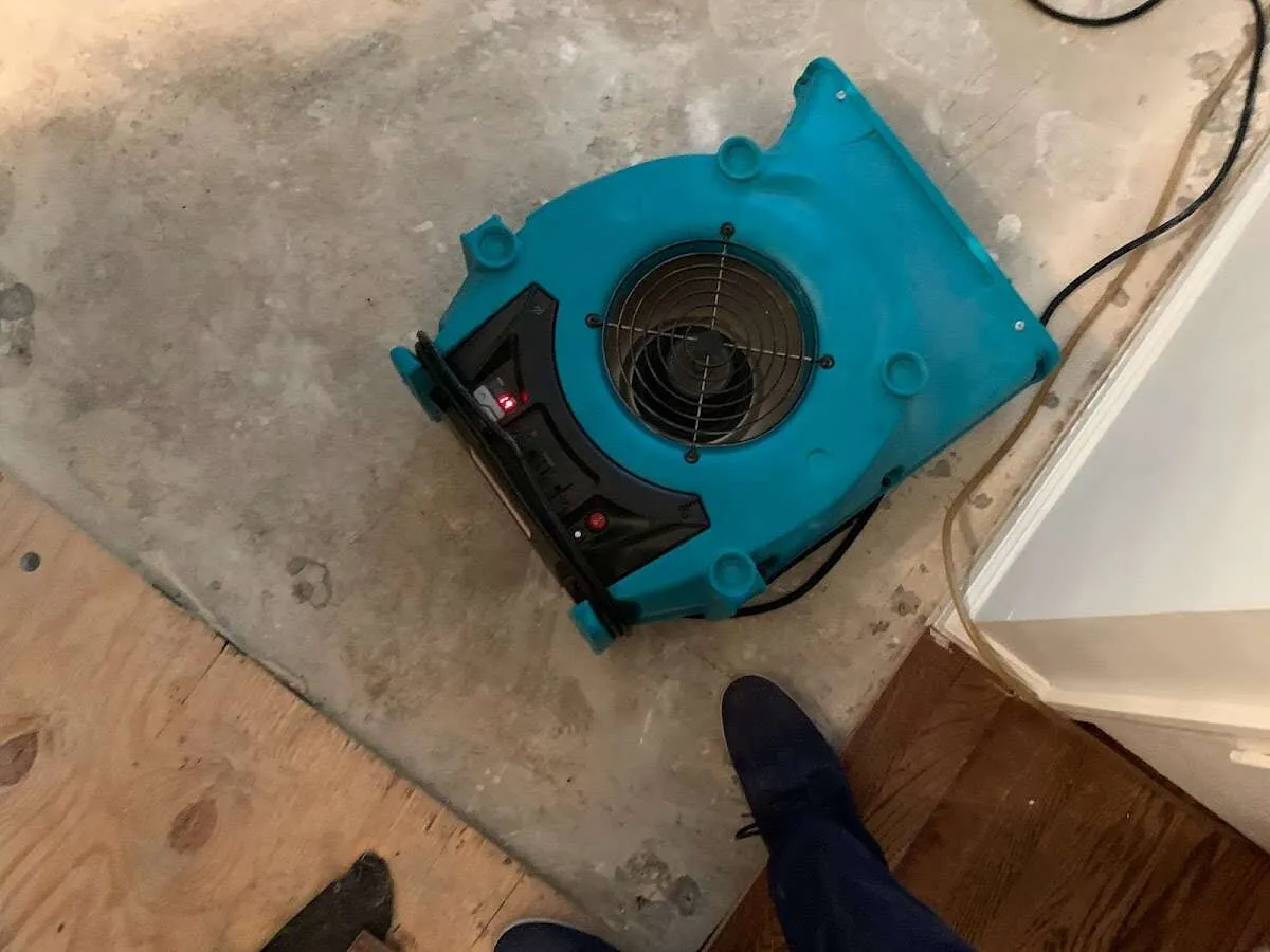 Air mover drying subfloor during Leak Detection & Repair in Gretna